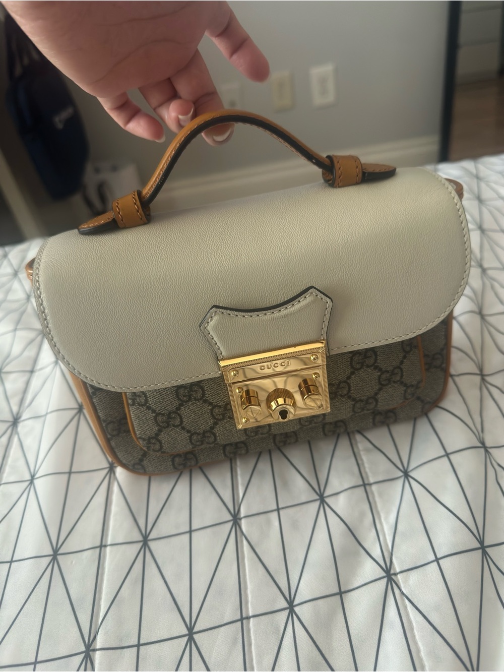 Gucci Cream and Brown GG Top Handle Satchel with Gold Hardware